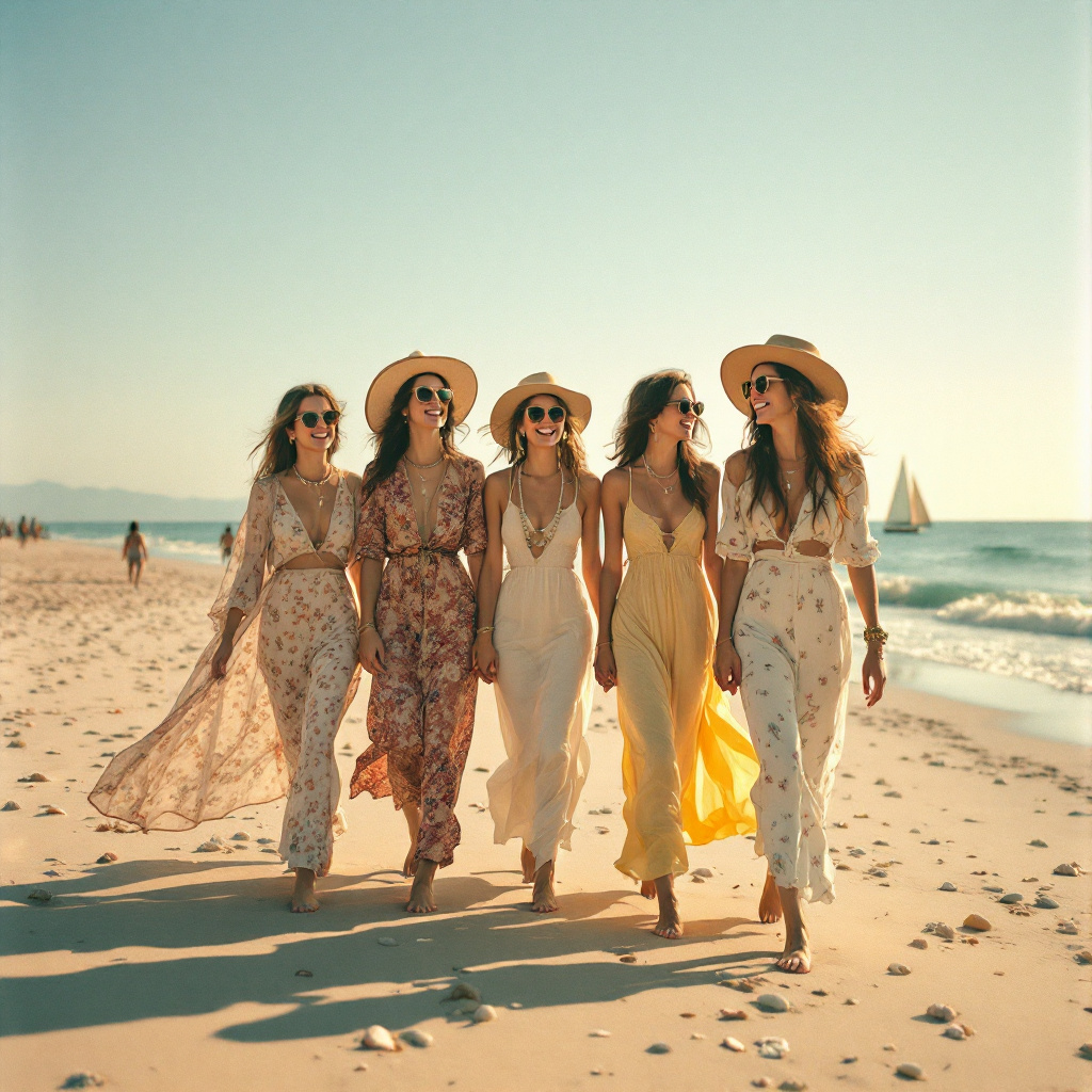 1970s-friends-barefoot-beach-walk-pastel-dresses.jp