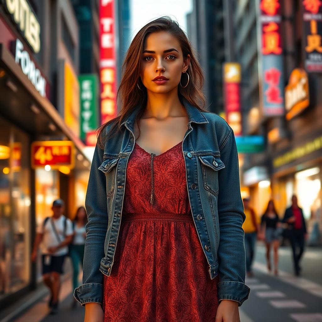 confident-woman-maxi-dress-denim-jacket-city-street-golden-h